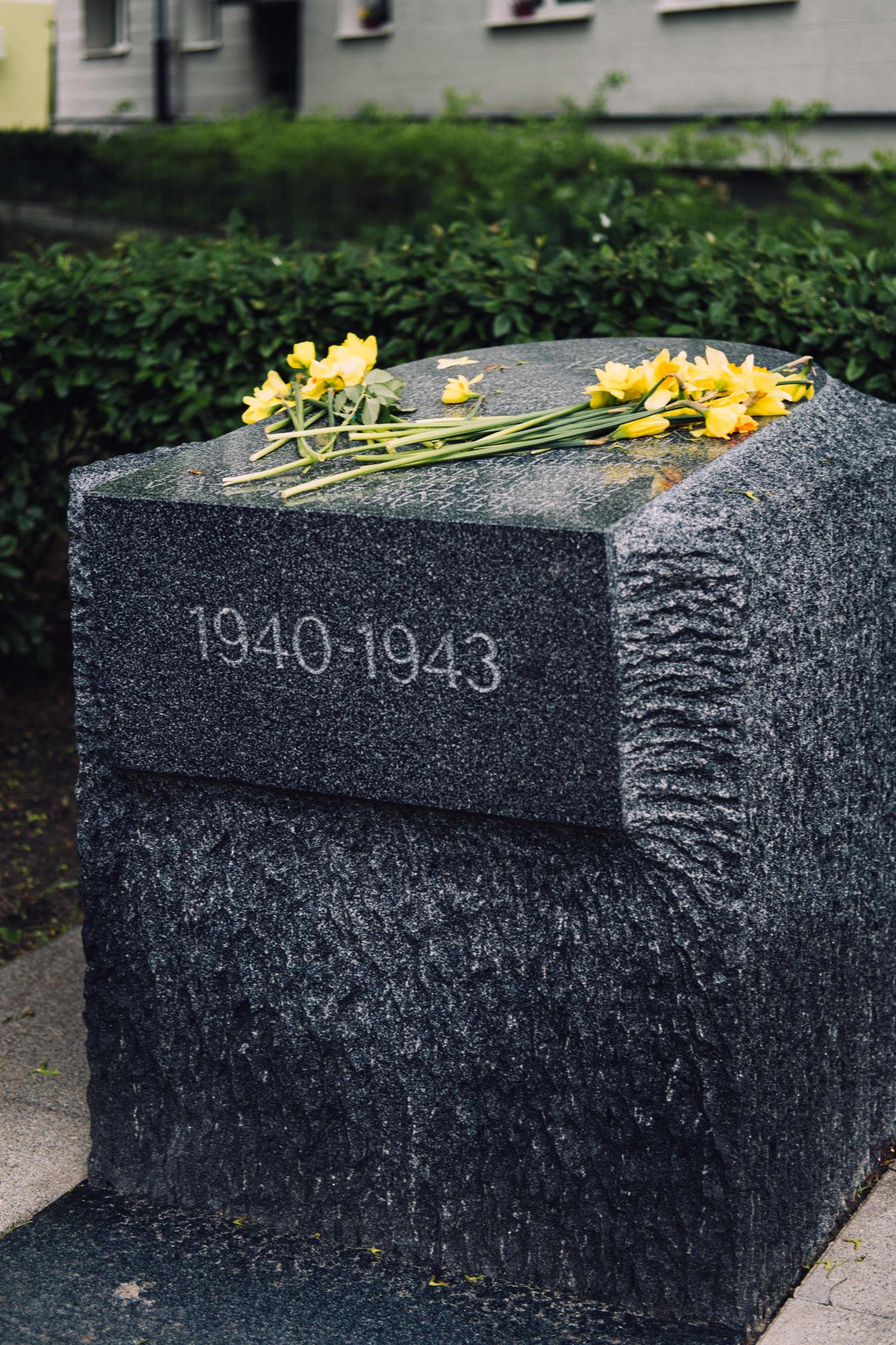 Gedenkstein aus dunklem Stein mit der Inschrift '1940-1943' und gelben Blumen darauf, umgeben von Grünpflanzen